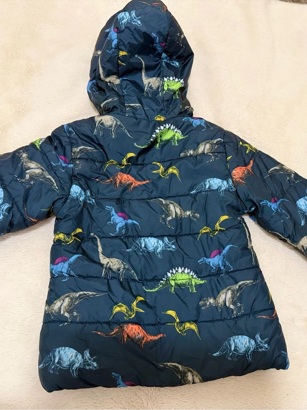 Children's Navy Blue Dinosaur Puffer Jacket with Hood
